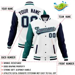 White Navy-Aqua Raglan Full-Snap Varsity Letterman Jacket 4