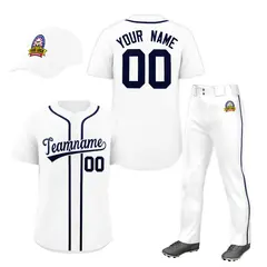 White Navy Baseball Jersey Pants Hat Uniform Package