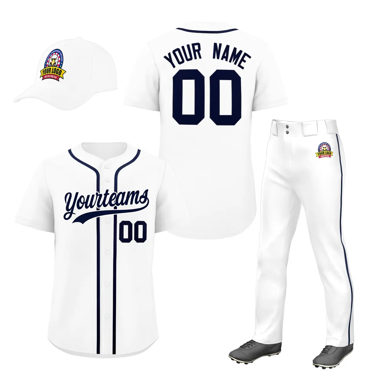 White Navy Baseball Jersey Pants Hat Uniform Package