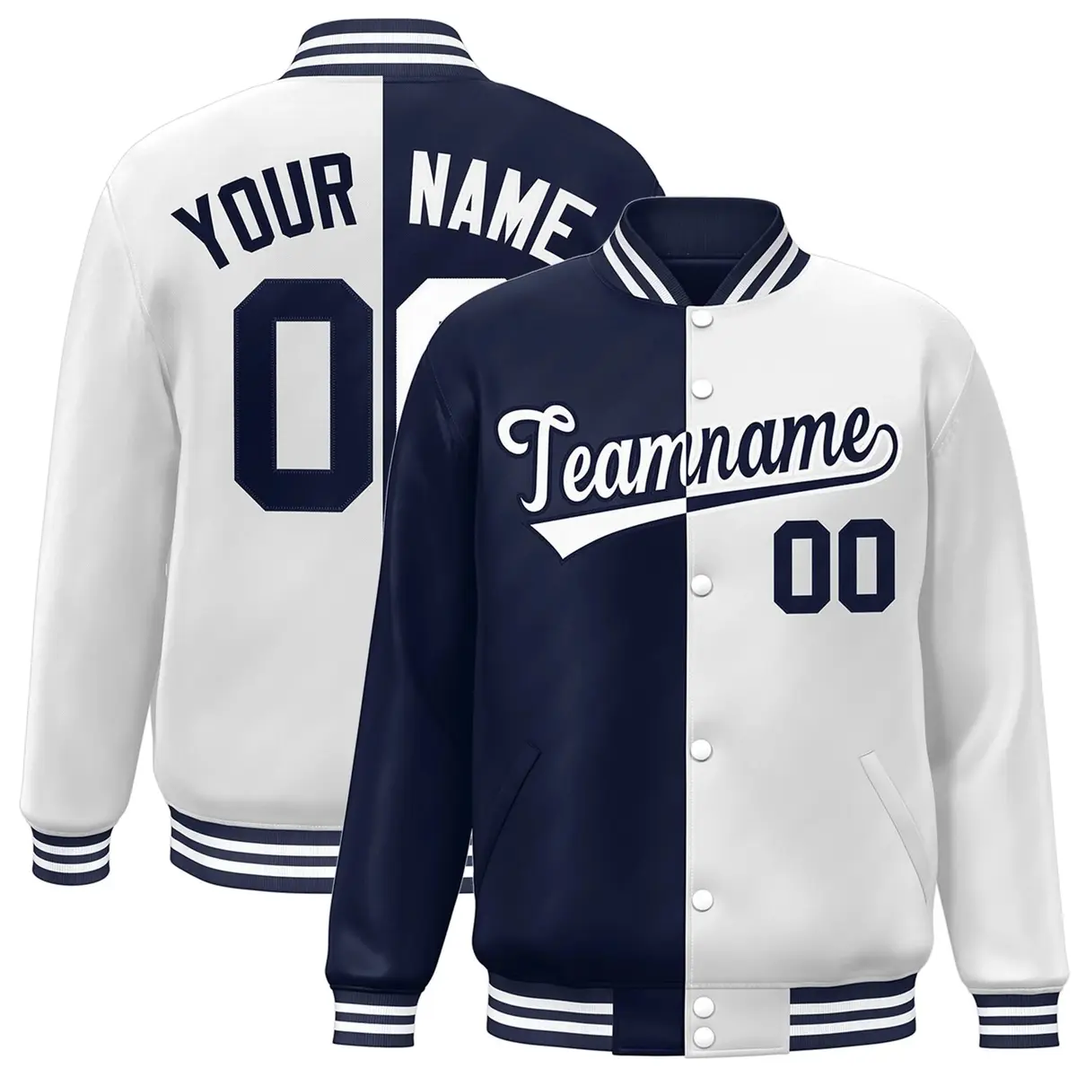 White Navy Blue Split Two Tone Letterman Varsity Full-Snap Jacket