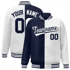 White Navy Blue Split Two Tone Letterman Varsity Full-Snap Jacket