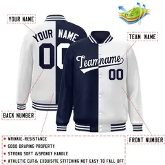 White Navy Blue Split Two Tone Letterman Varsity Full-Snap Jacket 2