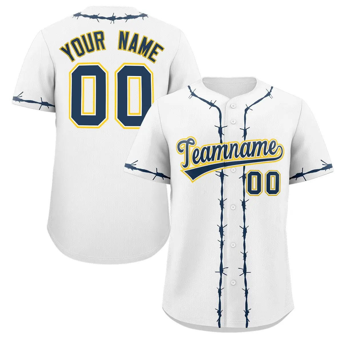 White Navy Blue Thorns Ribbed Baseball Jersey