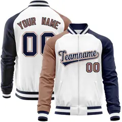 White Navy-Brown Varsity Full-Zip Raglan Sleeves Letterman Baseball Jacket 1