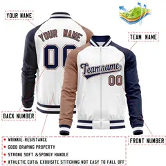 White Navy-Brown Varsity Full-Zip Raglan Sleeves Letterman Baseball Jacket 4