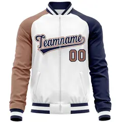 White Navy-Brown Varsity Full-Zip Raglan Sleeves Letterman Baseball Jacket 5