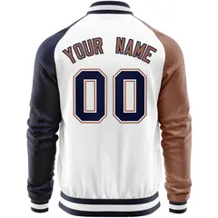 White Navy-Brown Varsity Full-Zip Raglan Sleeves Letterman Baseball Jacket 6