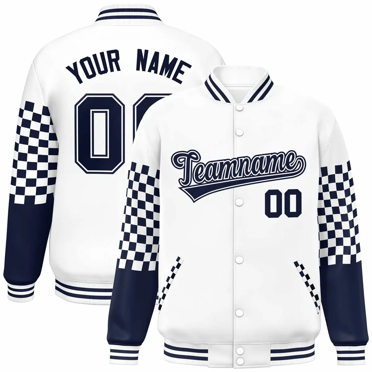White Navy Checkered Color Block Bomber Varsity Jacket