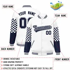 White Navy Checkered Color Block Bomber Varsity Jacket 2