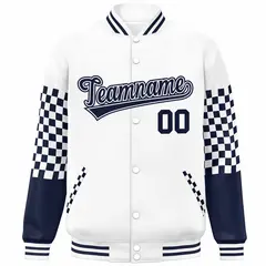 White Navy Checkered Color Block Bomber Varsity Jacket 3