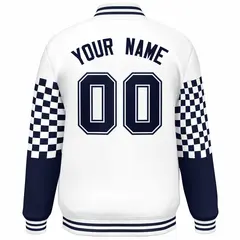 White Navy Checkered Color Block Bomber Varsity Jacket 4