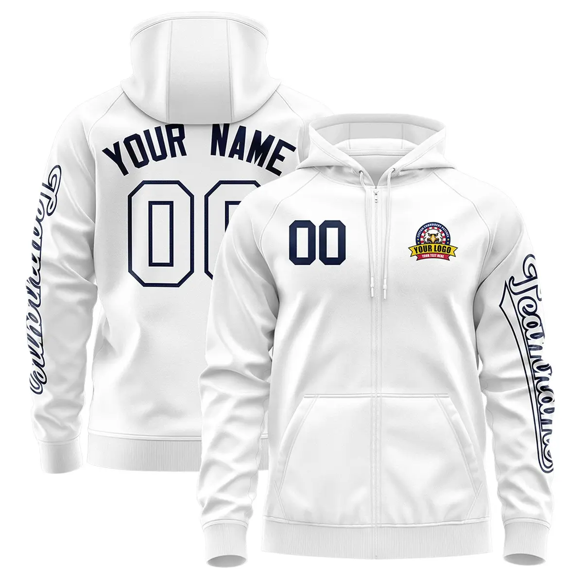 White Navy Classic Full-Zip Varsity Letterman Jacket Hoodie