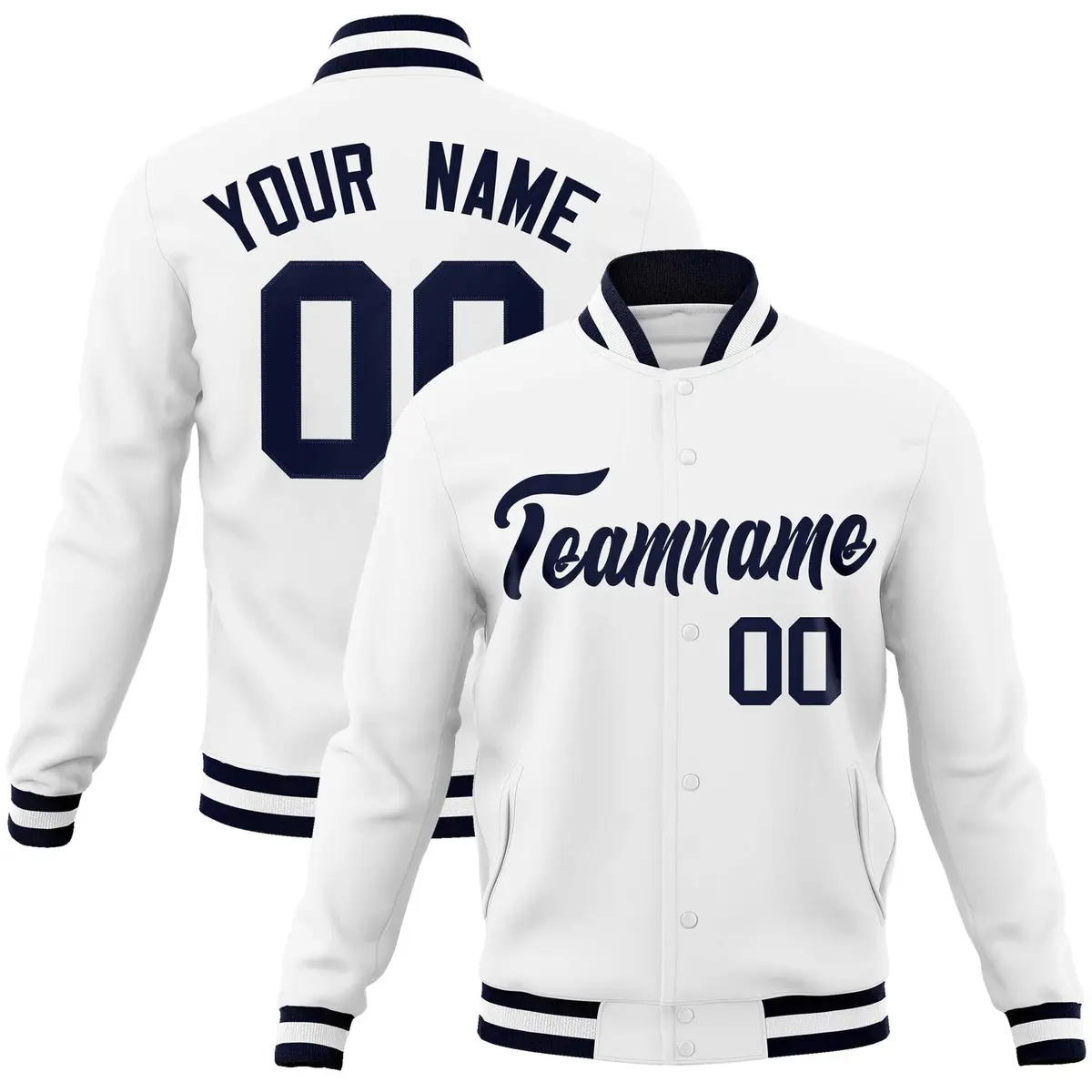White Navy Classic Varsity Full-Snap Letterman Jacket