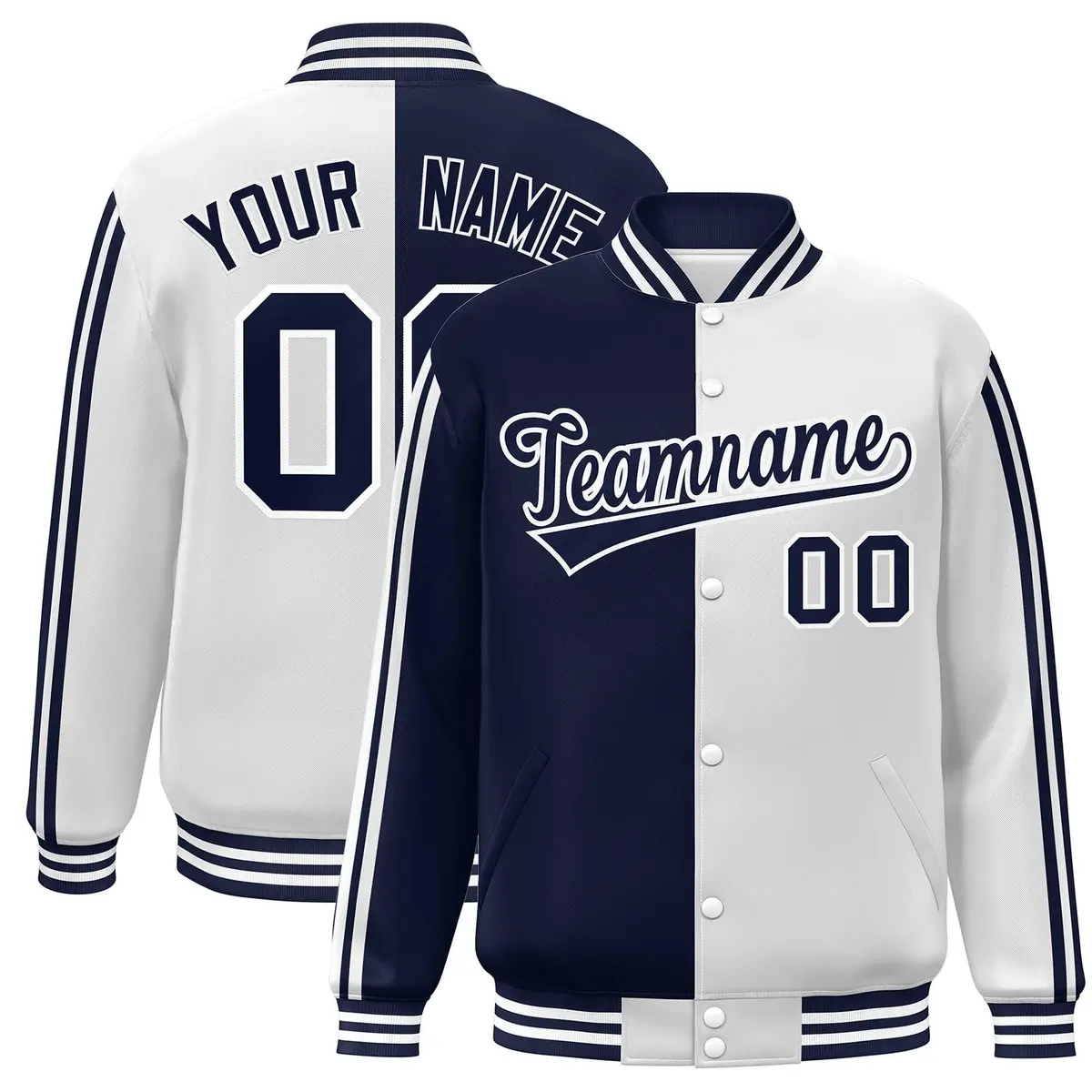 White Navy Color Block Varsity Baseball Bomber Jacket