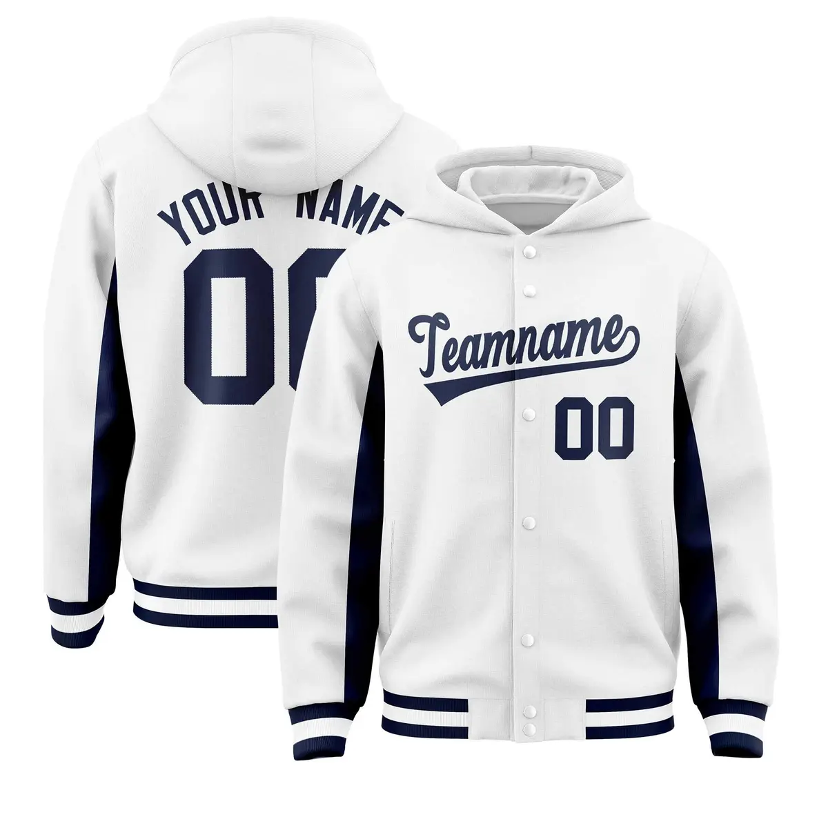 White Navy Color Block Varsity Letterman Jacket Hoodie