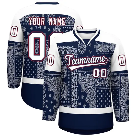 White Navy Crimson Cashew Flower Graffiti V-Neck Hockey Jersey