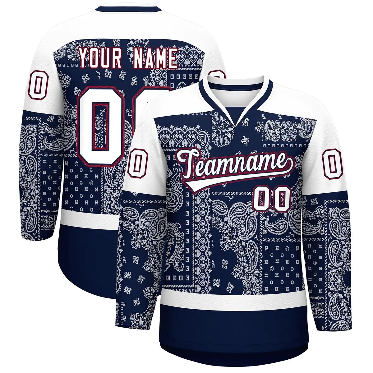 White Navy Crimson Cashew Flower Graffiti V-Neck Hockey Jersey