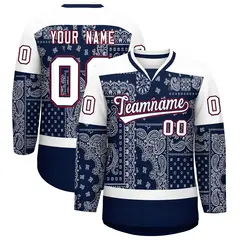 White Navy Crimson Cashew Flower Graffiti V-Neck Hockey Jersey 1