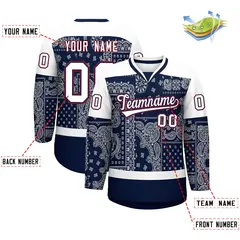 White Navy Crimson Cashew Flower Graffiti V-Neck Hockey Jersey 2
