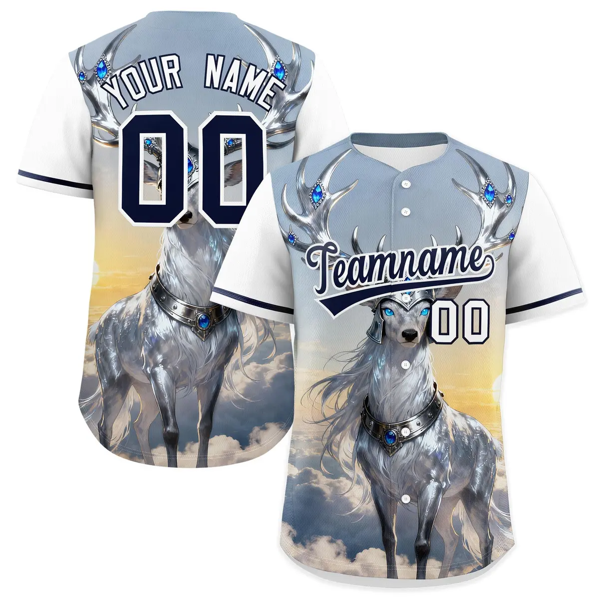 White Navy Deer Graffiti Pattern Baseball Jersey