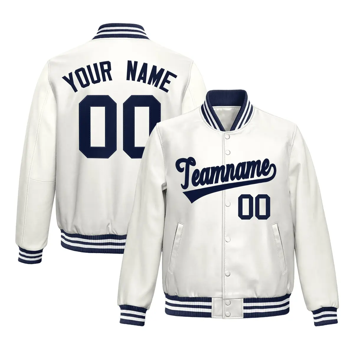 White Navy Full-Snap Varsity Faux Leather Letterman Jacket