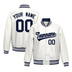 White Navy Full-Snap Varsity Faux Leather Letterman Jacket 1