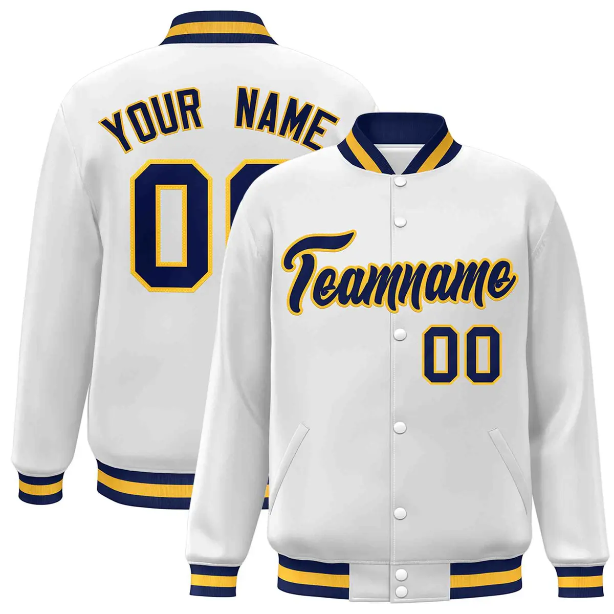 White Navy-Gold Classic Varsity Full-Snap Letterman Jacket