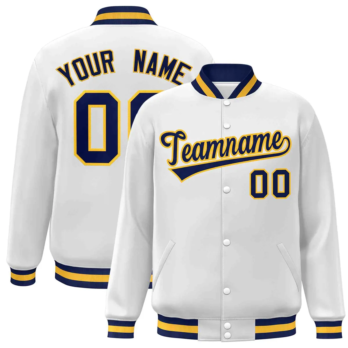 White Navy-Gold Classic Varsity Full-Snap Letterman Jacket