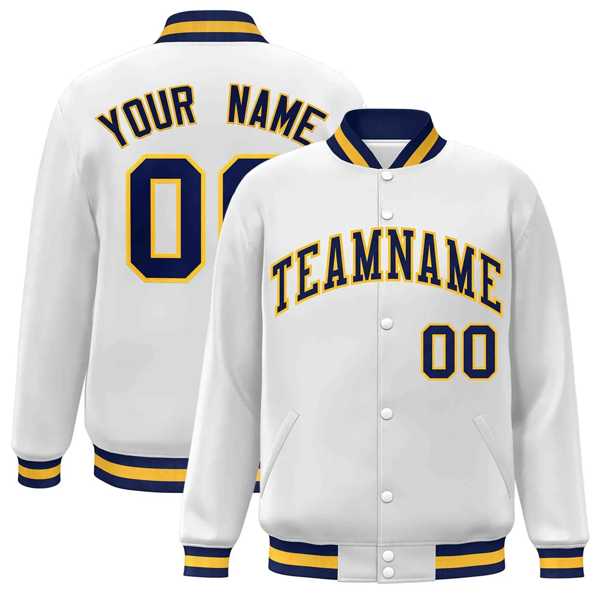 White Navy-Gold Classic Varsity Full-Snap Letterman Jacket