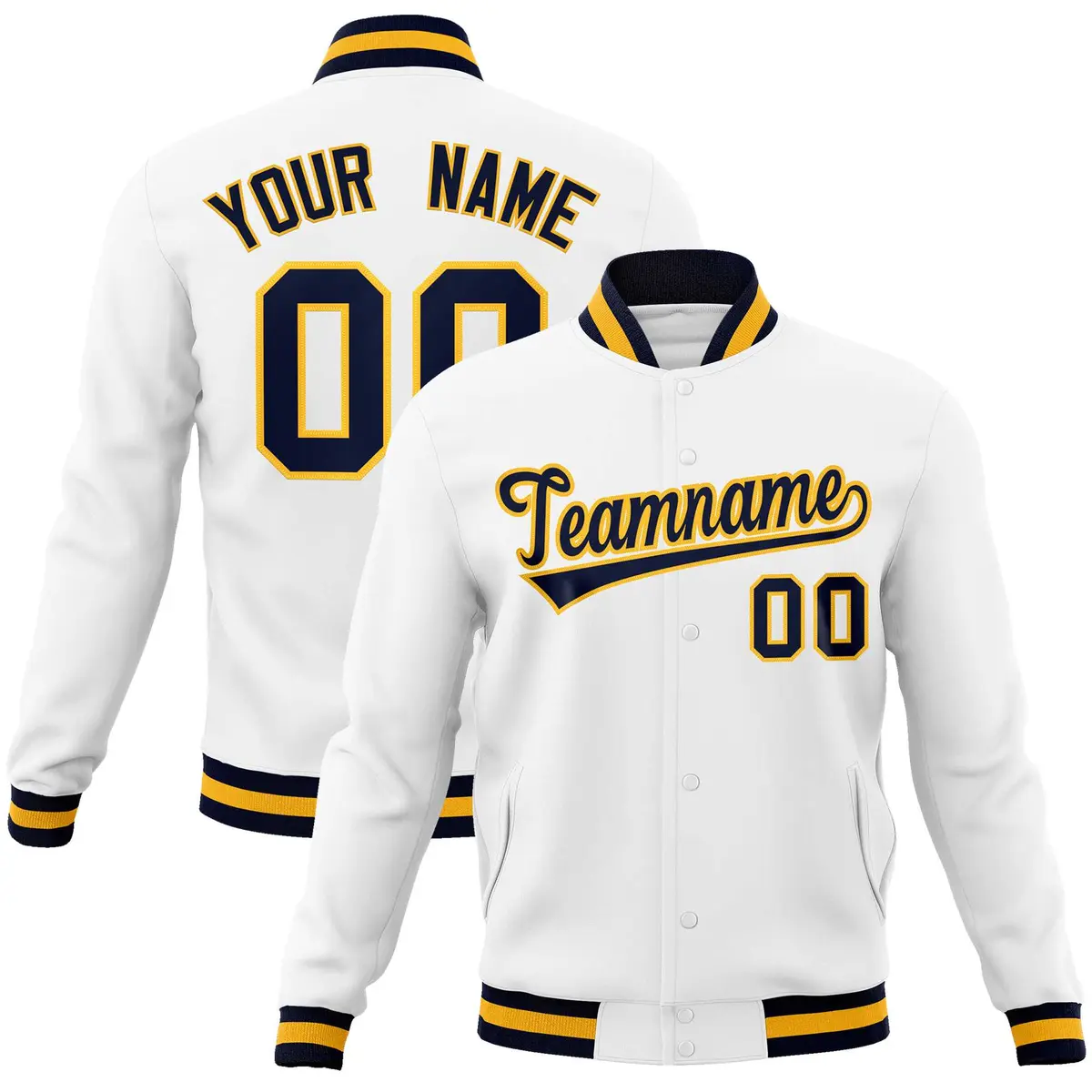 White Navy-Gold Classic Varsity Full-Snap Letterman Jacket