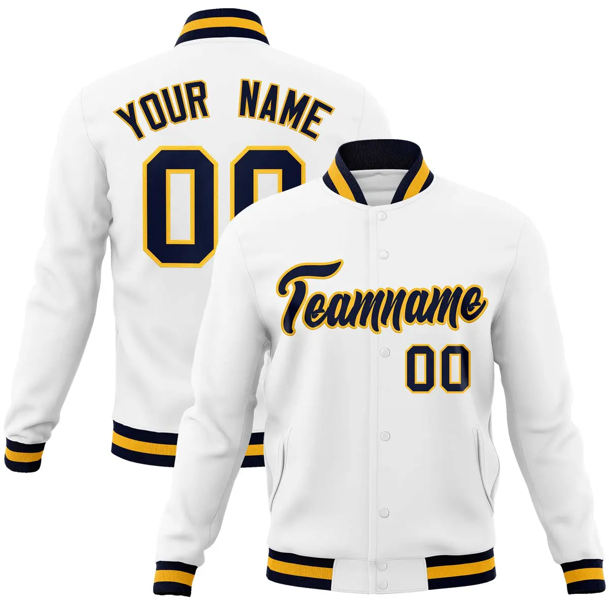 White Navy-Gold Classic Varsity Full-Snap Letterman Jacket