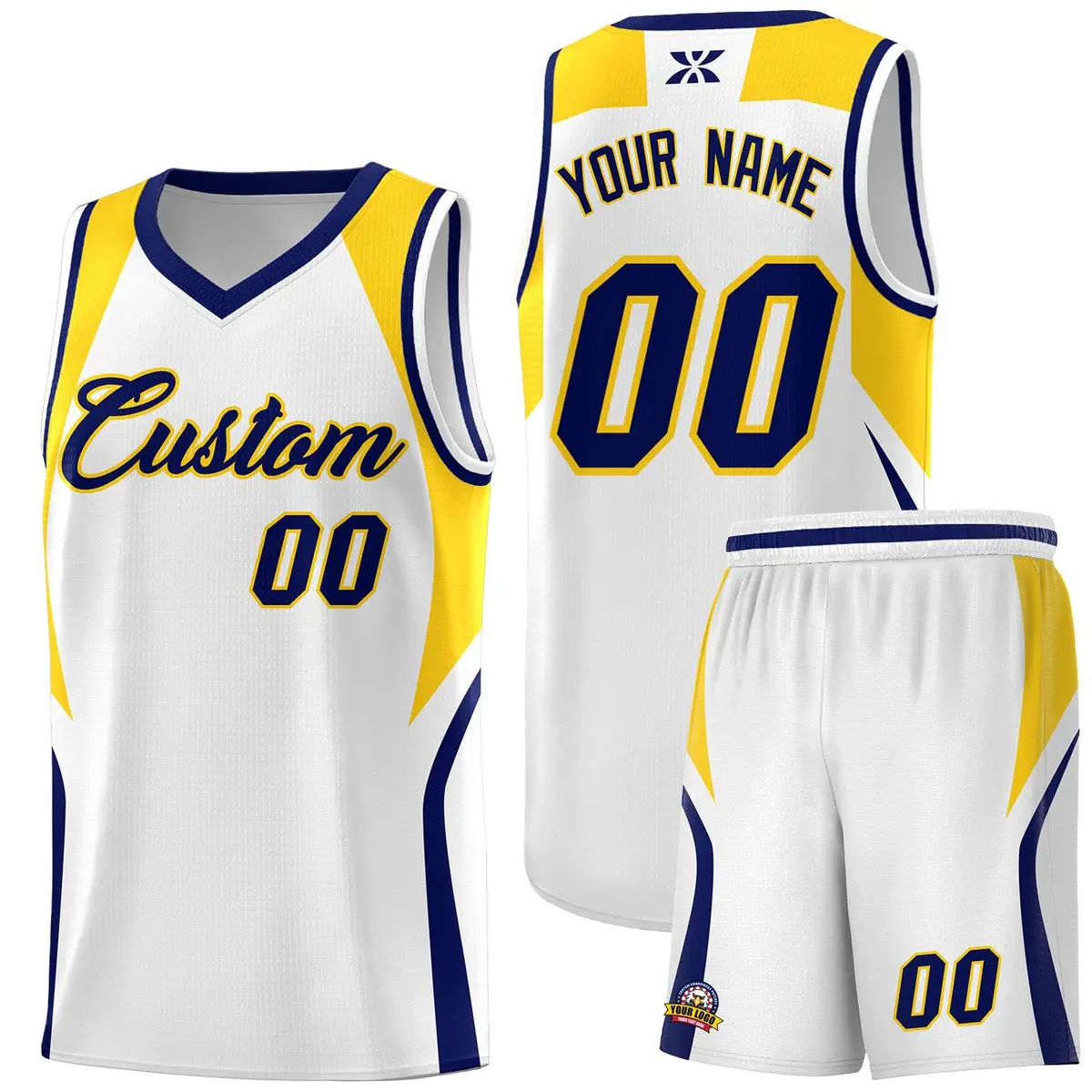 White Navy Gold Color Block Basketball Jersey