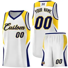 White Navy Gold Color Block Basketball Jersey