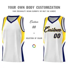 White Navy Gold Color Block Basketball Jersey 3