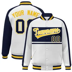 White Navy-Gold Color Block Bomber Varsity Baseball Jacket
