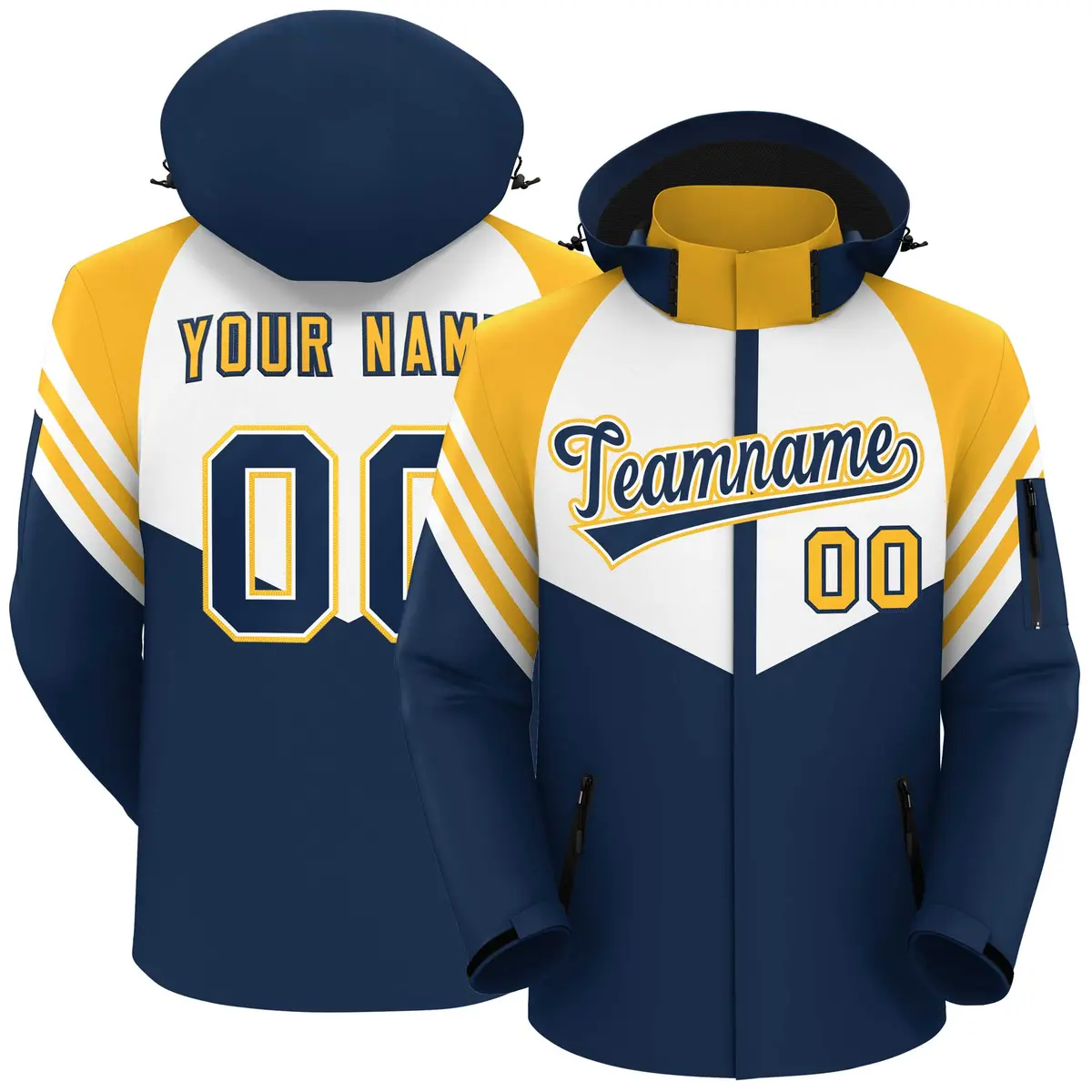 White Navy-Gold Color Block Hooded Waterproof Jacket