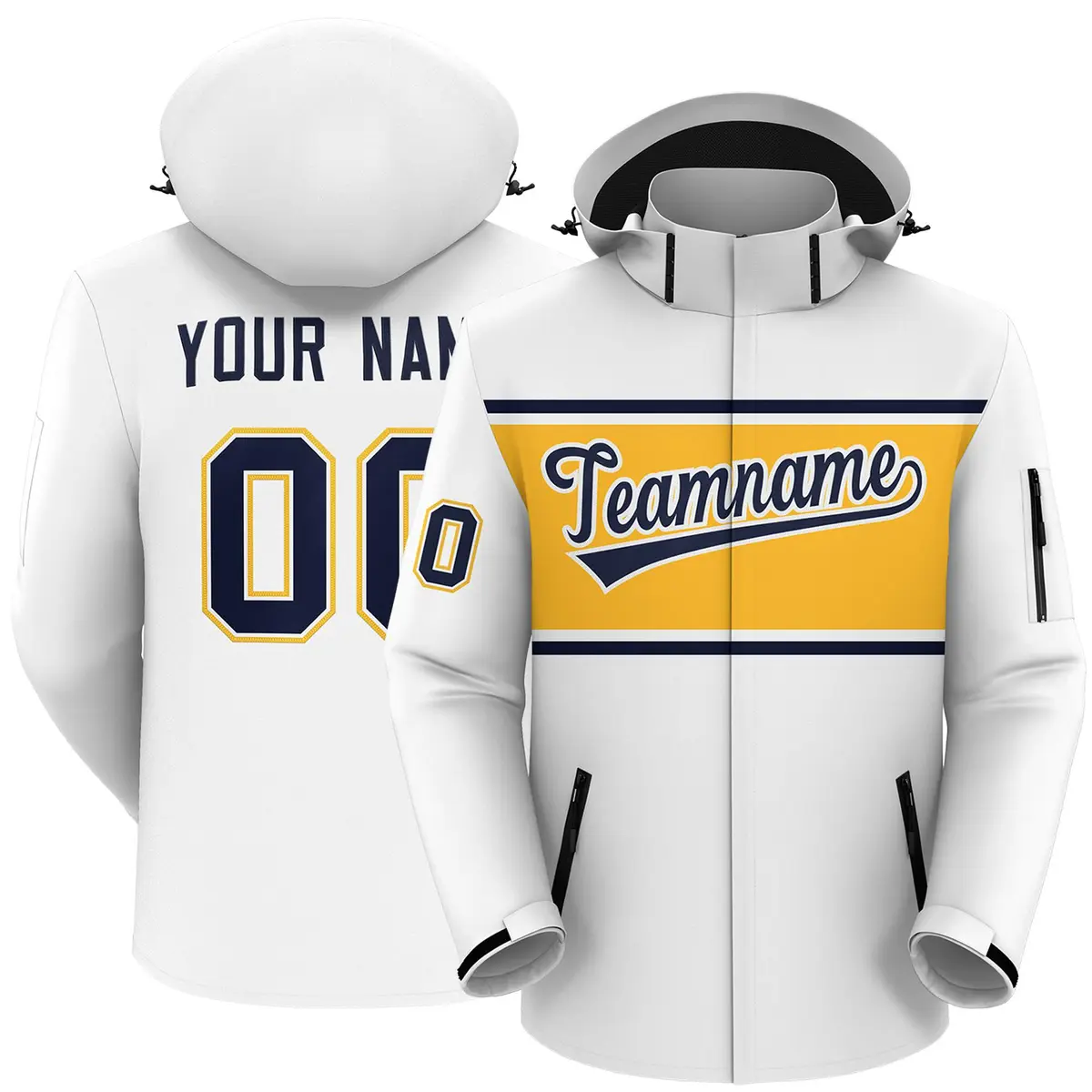 White Navy-Gold Color Block Hooded Waterproof Jacket