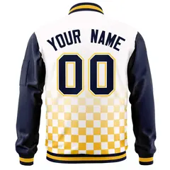 White Navy-Gold Grid Color Block Letterman Raglan Jacket 4