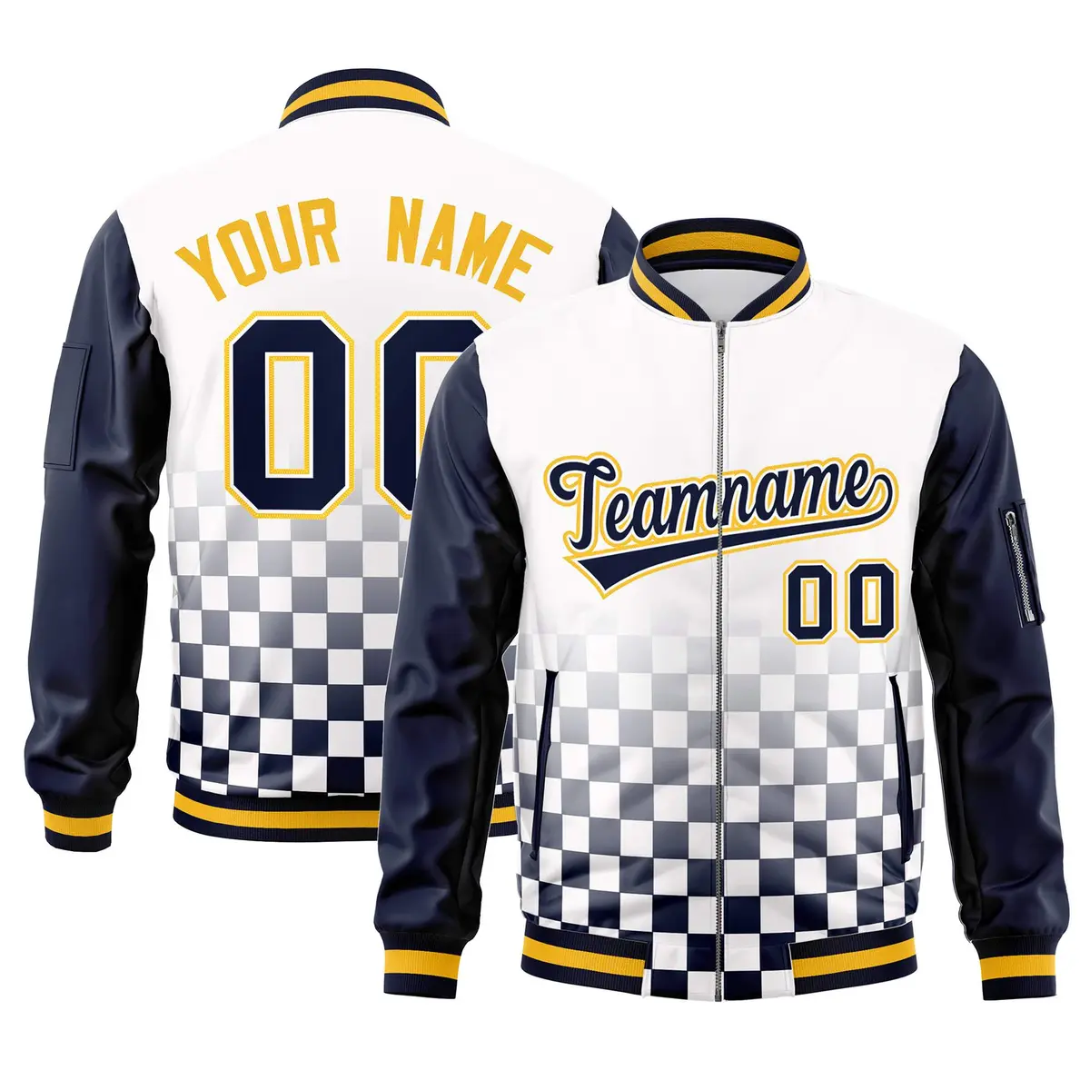 White Navy-Gold Grid Color Block Letterman Raglan Jacket