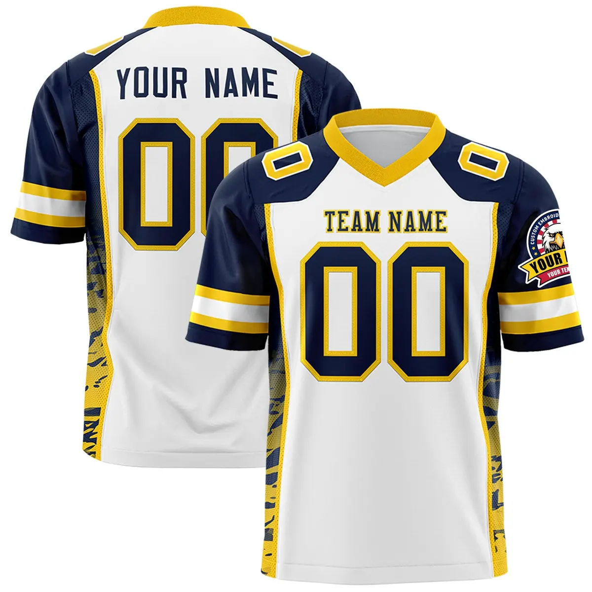 White Navy-Gold Raglan Side Pattern Football Jersey