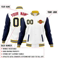 White Navy Gold Raglan Sleeve Cotton Letterman Jacket 2