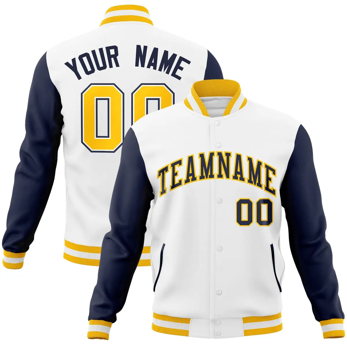 White Navy-Gold Raglan Varsity Full-Snap Letterman Jacket