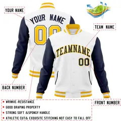White Navy-Gold Raglan Varsity Full-Snap Letterman Jacket 4