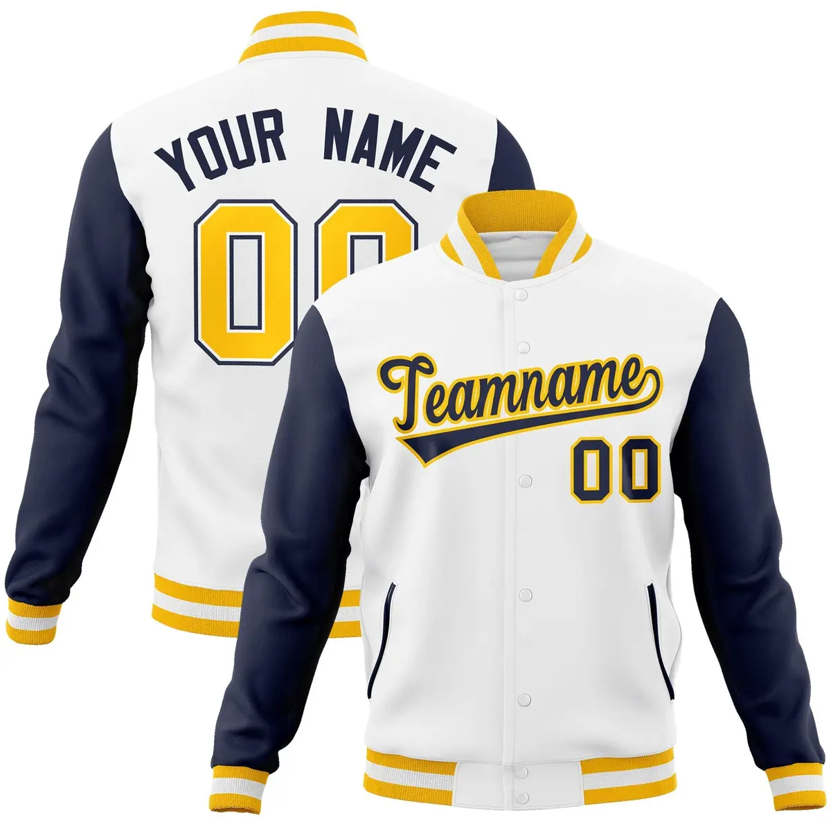 White Navy-Gold Raglan Varsity Full-Snap Letterman Jacket