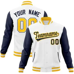 White Navy-Gold Raglan Varsity Full-Snap Letterman Jacket 1