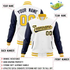 White Navy-Gold Raglan Varsity Full-Snap Letterman Jacket 4