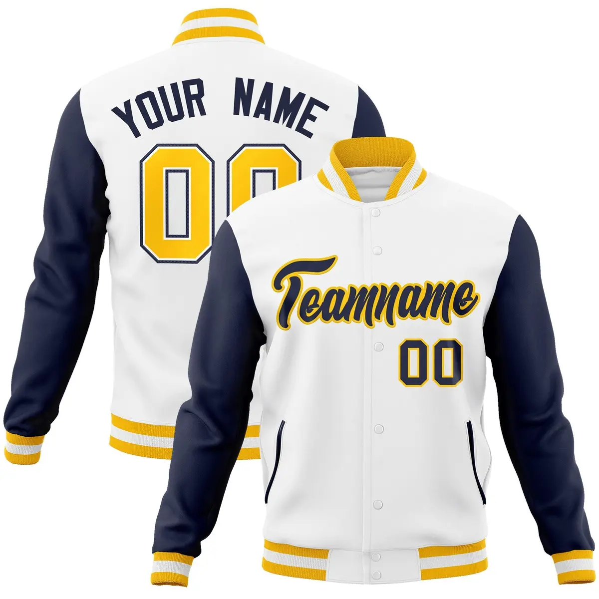 White Navy-Gold Raglan Varsity Full-Snap Letterman Jacket