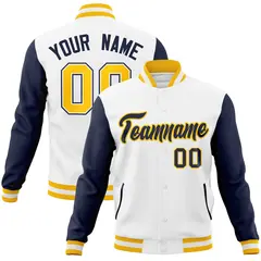 White Navy-Gold Raglan Varsity Full-Snap Letterman Jacket 1
