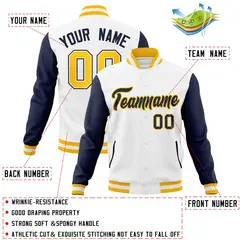 White Navy-Gold Raglan Varsity Full-Snap Letterman Jacket 4