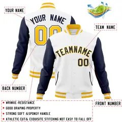 White Navy-Gold Raglan Varsity Full-Snap Letterman Jacket 4